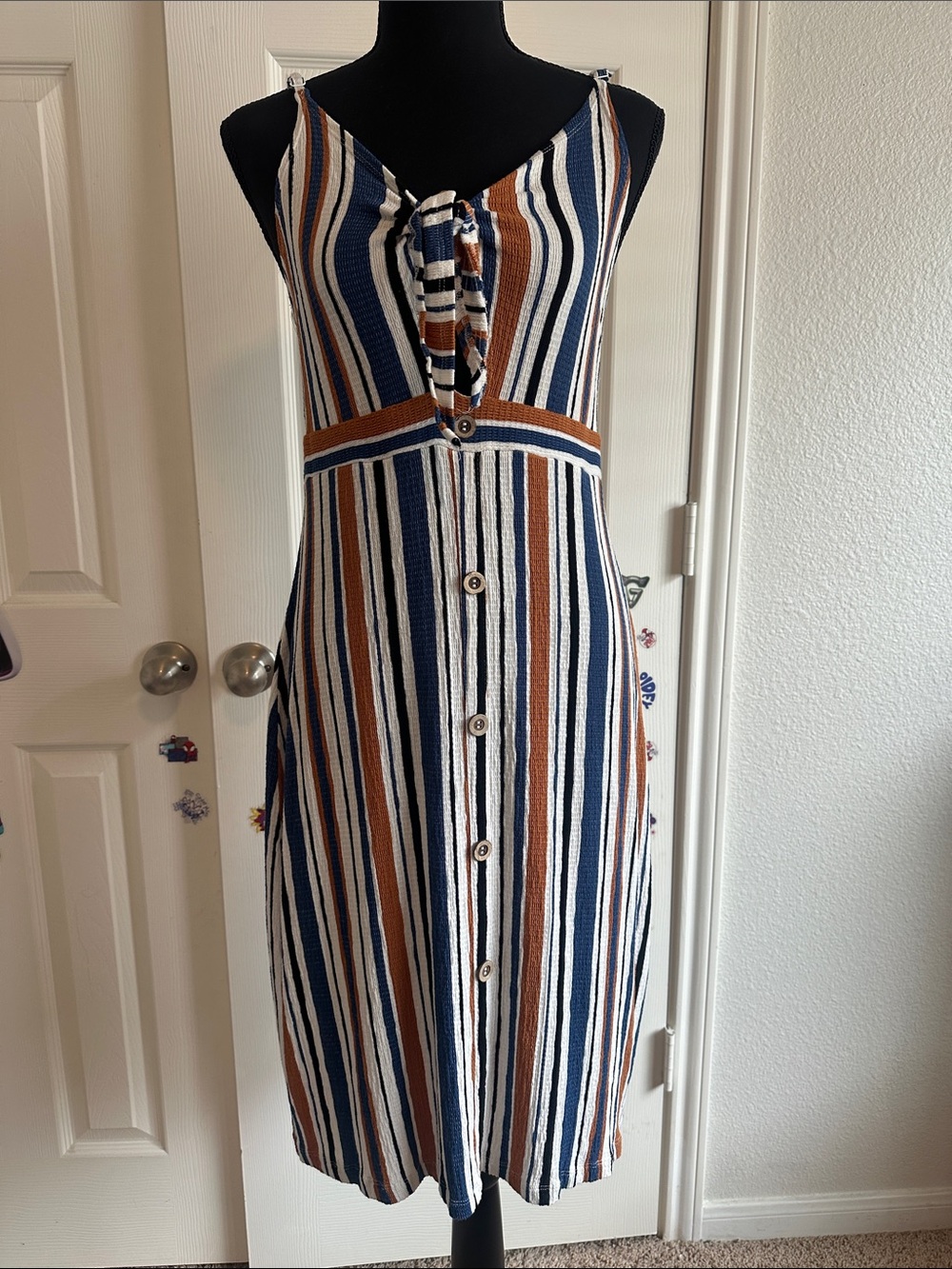 Love Tree Navy, White & Brown Striped Button-Front Midi Dress